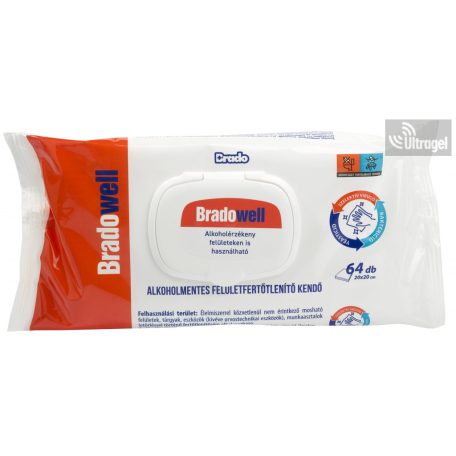 BradoWell ALKOHOLMENTES felületfertőtlenítő kendő - 64db
