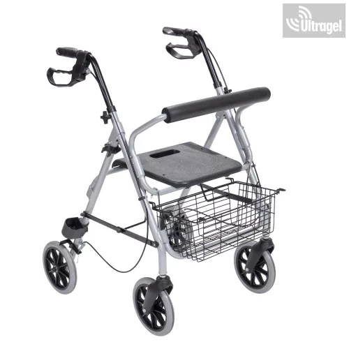 Rollátor párnázott deréktámasszal és fém kosárral, ezüst színű- 120kg